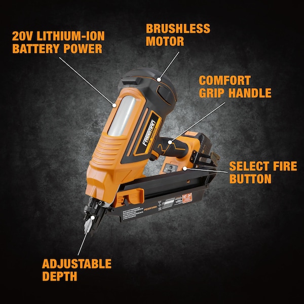 Freeman 20V Cordless 34 Degree, 3-1/2in Clipped Head Framing Nailer Kit including Fasteners With Canvas Bag - PE20V3490