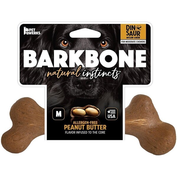 Barkbone Petmate Dog Toy, M, Peanut Butter, Chew Toy, Natural Instincts Infused Wood Dinosaur, Nylon - 36036