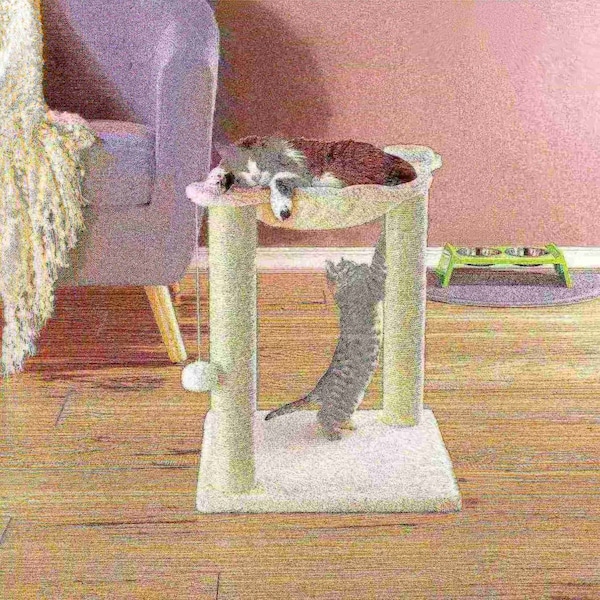 Pet Adobe Cat tree and Scratcher with 2 Sisal Post, Bed and Interactive Toy Play for Cats/Kitten, 15.75-inch - 408946VOD