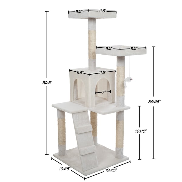 Pet Adobe Pet Adobe Cat Tree House, Multi-Level, Scratching Posts, Condos, and Perches, 50-inches Tall, White - 311020WIK