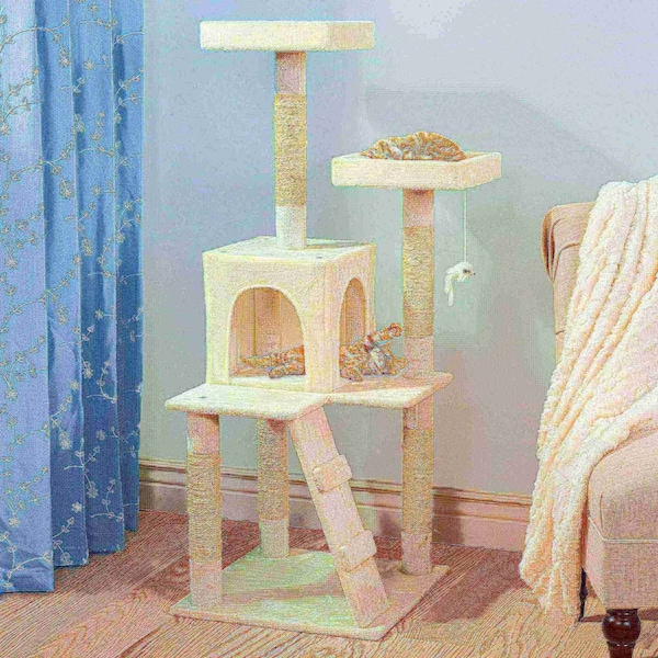 Pet Adobe Pet Adobe Cat Tree House, Multi-Level, Scratching Posts, Condos, and Perches, 50-inches Tall, White - 311020WIK