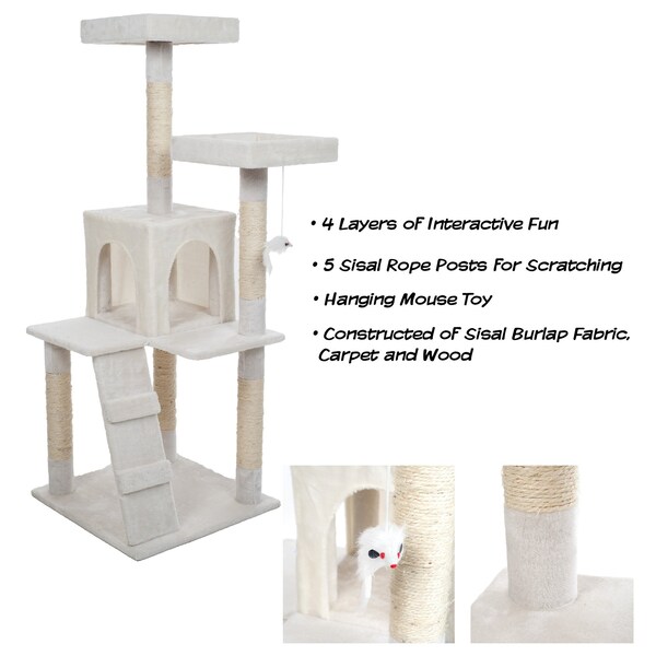 Pet Adobe Pet Adobe Cat Tree House, Multi-Level, Scratching Posts, Condos, and Perches, 50-inches Tall, White - 311020WIK