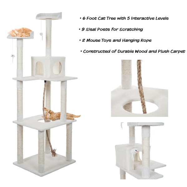Pet Adobe Pet Adobe Cat Tree House- Multi-Level, Scratching Posts, Condo, Perches & Toys- 6-Feet Tall (Ivory) - 618702CLZ