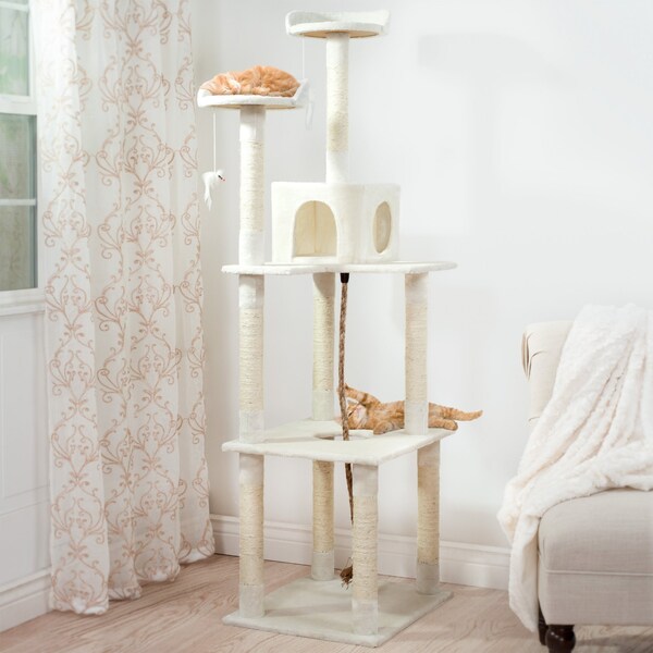 Pet Adobe Pet Adobe Cat Tree House- Multi-Level, Scratching Posts, Condo, Perches & Toys- 6-Feet Tall (Ivory) - 618702CLZ