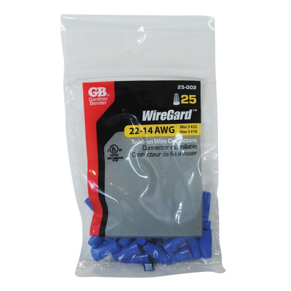 Gardner Bender WireGard 2 Wire Connector, 22 to 16 AWG Wire, Steel Contact, Polypropylene Housing Material, Blue - 25-002