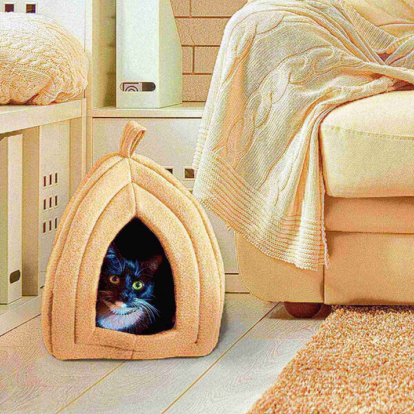 Pet Adobe Pet Bed, Igloo Soft Indoor Enclosed Covered Tent with Removable Cushion for Cats/Small Pets (Tan) - 235113FVB