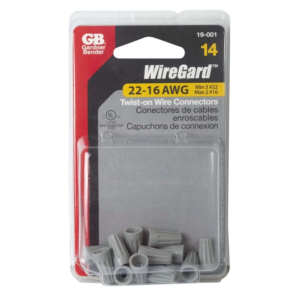 Gardner Bender WireGard 1 Wire Connector, 22 to 16 AWG Wire, Steel Contact, Polypropylene Housing Material, Gray - 19-001