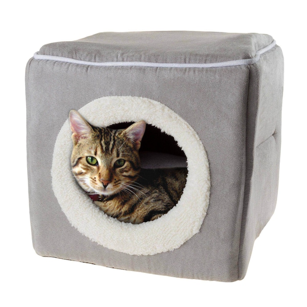 Pet Adobe Indoor Cat Pet Bed Cave, Enclosed Cavern with Removable Cushion Pad for Cats/Small Animals, Gray - 323530ZYA