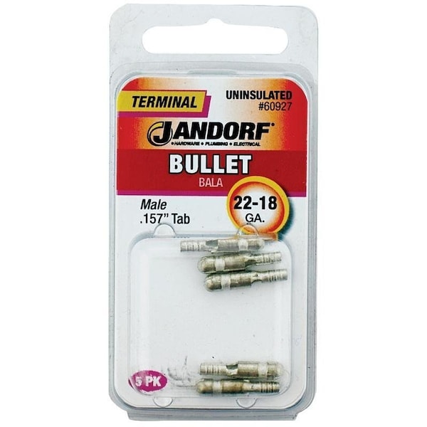 Jandorf Bullet Terminal, 600 V, 22 to 18 AWG Wire, Copper Contact, 5PK - 60927