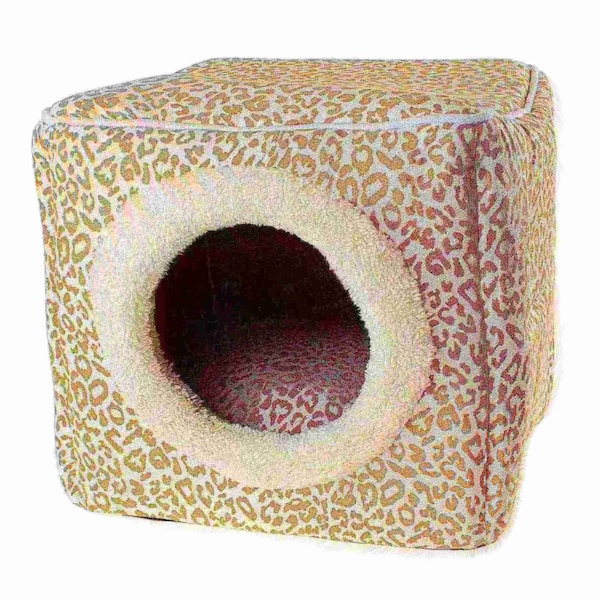 Pet Adobe Indoor Cat Pet Bed Cave with Removable Cushion Pad for Cats/Small Animals, Tan/White Animal Print - 728420YHZ