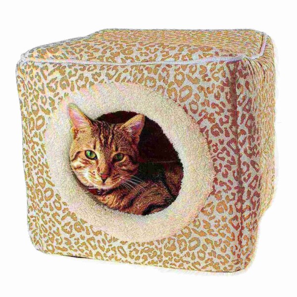 Pet Adobe Indoor Cat Pet Bed Cave with Removable Cushion Pad for Cats/Small Animals, Tan/White Animal Print - 728420YHZ