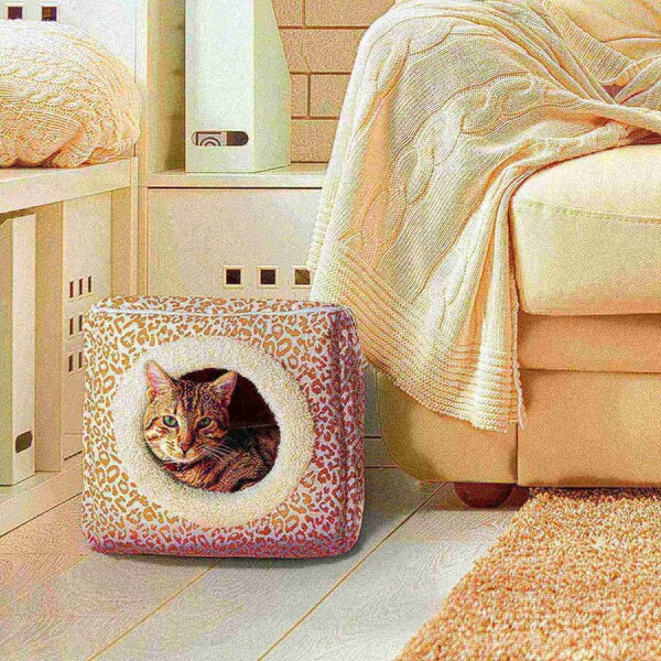 Pet Adobe Indoor Cat Pet Bed Cave with Removable Cushion Pad for Cats/Small Animals, Tan/White Animal Print - 728420YHZ