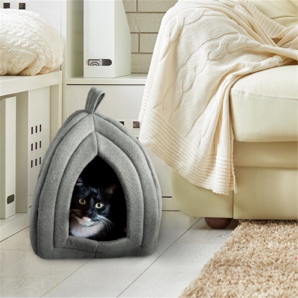 Daretocare Cat Pet Bed Igloo Soft Indoor Enclosed Covered Tent & House w/Removable Cushion Pad - Gray - DA3850463