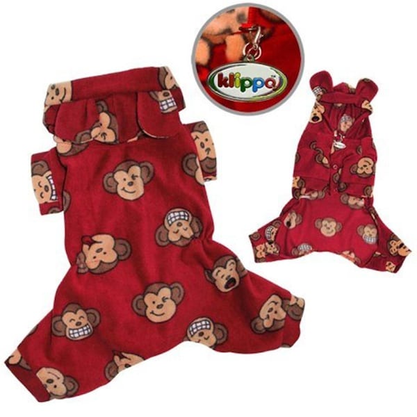 Petpath Adorable Silly Monkey Fleece Dog Pajamas  Bodysuit With Hood Burgundy Extra Small - PE341294