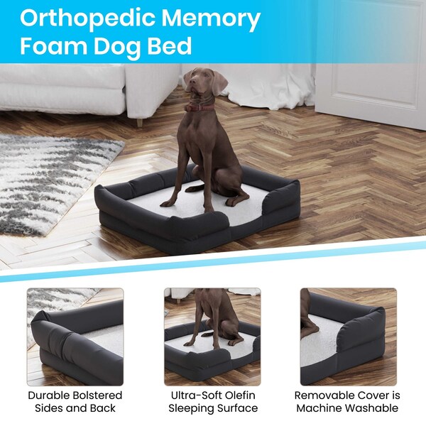 Flash Furniture Gray 36x28 Orthopedic Memory Foam Bolster Dog Bed - AJ-ORTHO-00189-GY-GG