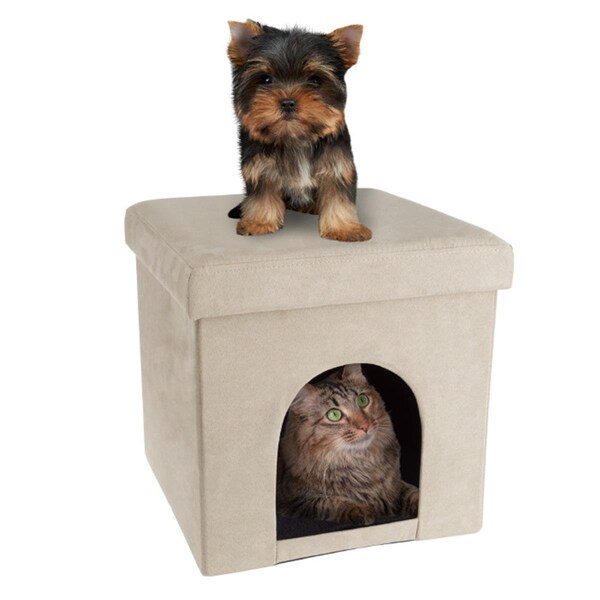 Daretocare Pet House Ottoman Collapsible Multipurpose Cat or Small Dog Bed, Microsuede - Tan - DA3236309