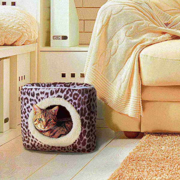 Pet Adobe Indoor Cat Pet Bed Cave with Removable Cushion Pad for Cats/Small Animals, Gray/Black Animal Print - 857996PMM