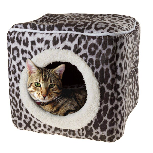 Pet Adobe Indoor Cat Pet Bed Cave with Removable Cushion Pad for Cats/Small Animals, Gray/Black Animal Print - 857996PMM