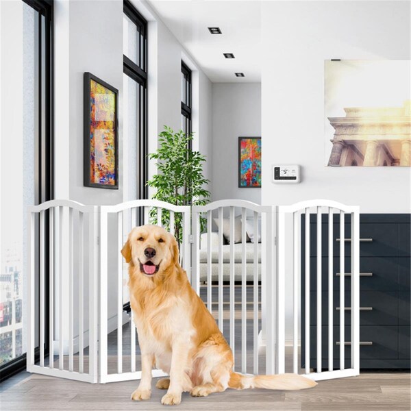 Daretocare Freestanding Pet Gate-4 Panel White, Scalloped Top Folding Fence - DA3250792