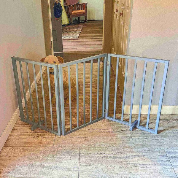 Amerihome 54 inch Freestanding 3-Panel Folding Wood Pet Gate - Grey - WFPGG3