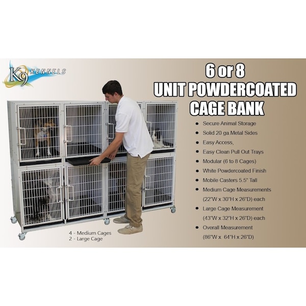 K9 Kennel Store 6 or 8 Unit Modular Powder Coated Cage Bank - KA-505L-AZGP, KA-505M-AZGP
