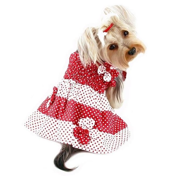 Klippo Pet KlippoPet KDR057XS Polka Dots Sun Dress With Contrasting Flowers - Red & White; Extra Small - KDR057XS