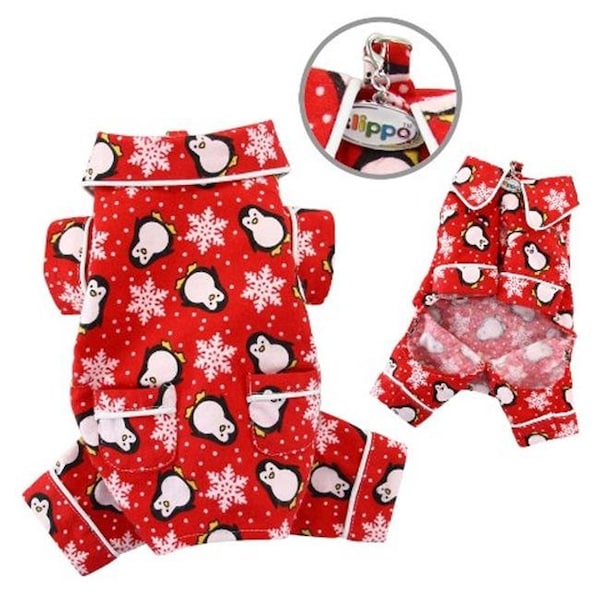Klippo Pet Klippo Pet KBD058XS Penguins & Snowflake Flannel Pajamas With 2 Pockets; Red - Extra Small - KBD058XS