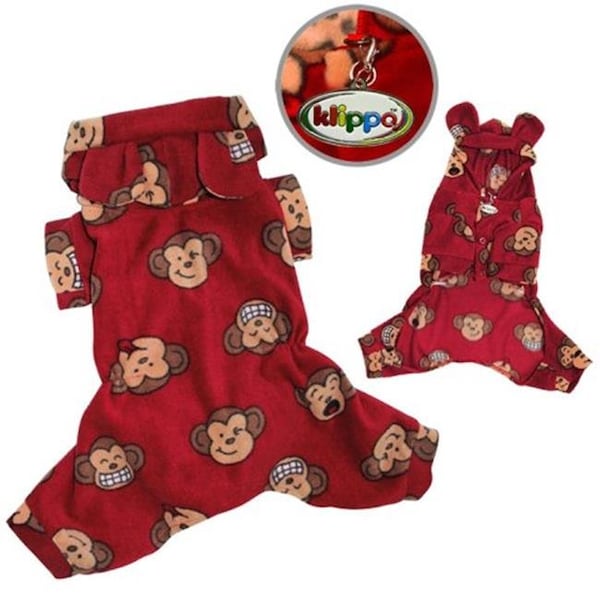 Klippo Pet Klippo Pet KBD034XL Adorable Silly Monkey Fleece Dog Pajamas & Bodysuit With Hood; Burgundy - Extra Large - KBD034XL
