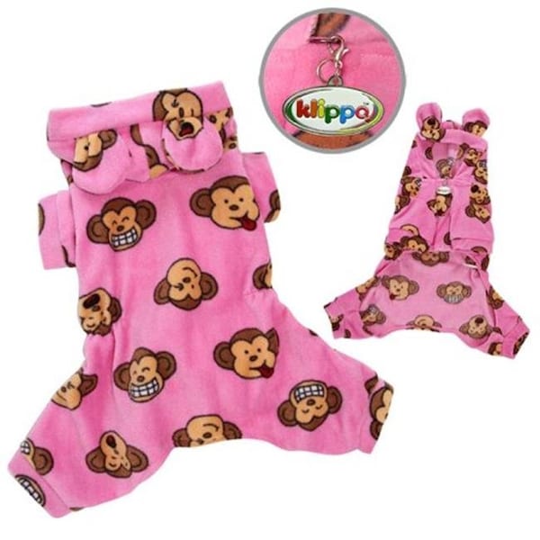 Klippo Pet Klippo Pet KBD036XL Adorable Silly Monkey Fleece Dog Pajamas & Bodysuit With Hood; Pink - Extra Large - KBD036XL