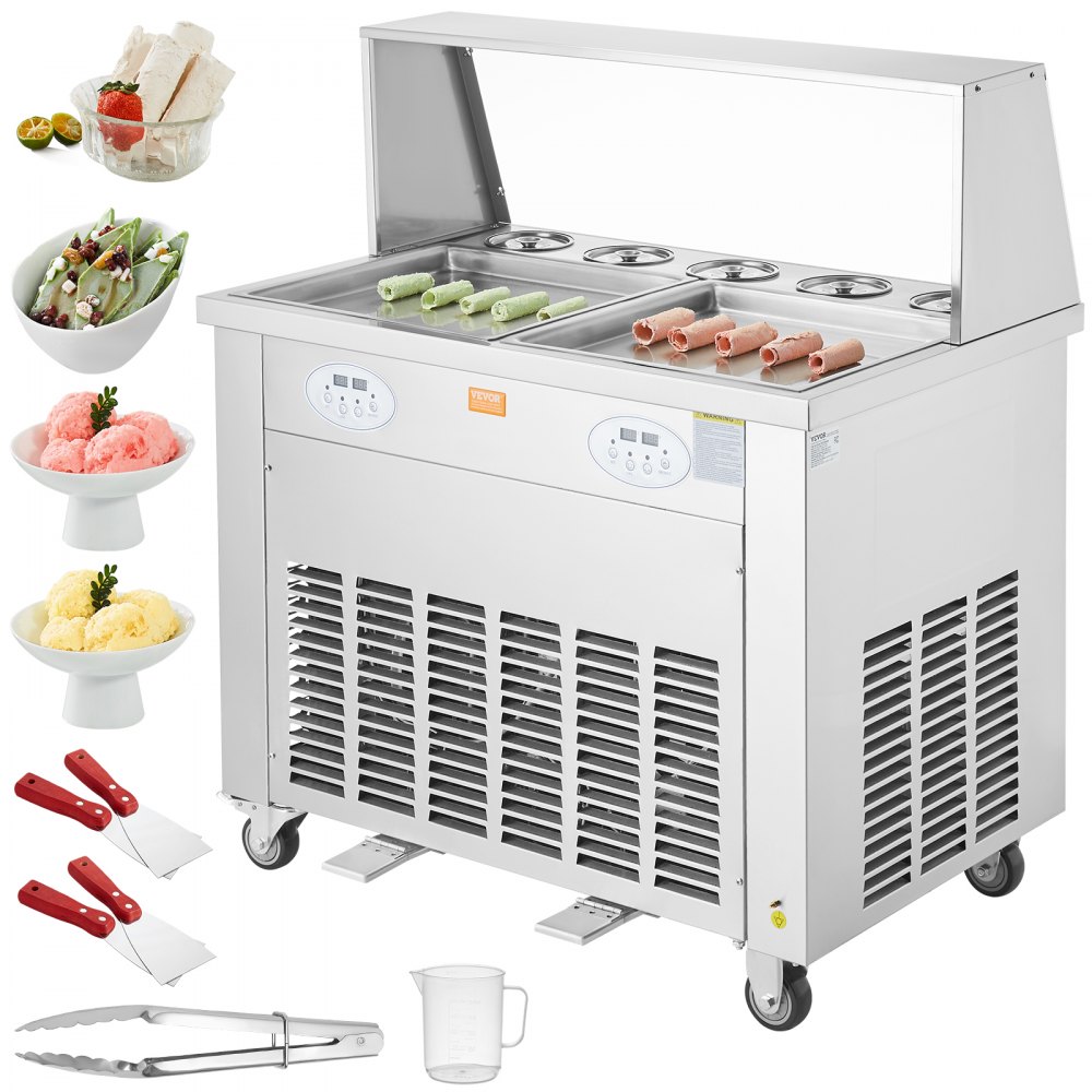 VEVOR Fried Ice Cream Roll Machine, 2Pcs 13.8" x 13.8" Square Stir-Fried Ice Cream Pans, Stainless Steel Commercial Rolled Ice Cream Maker with Compressor and 4 Scrapers, for Ice Cream, Frozen Yogurt - SYLDSCBJSG18Z30X5V1