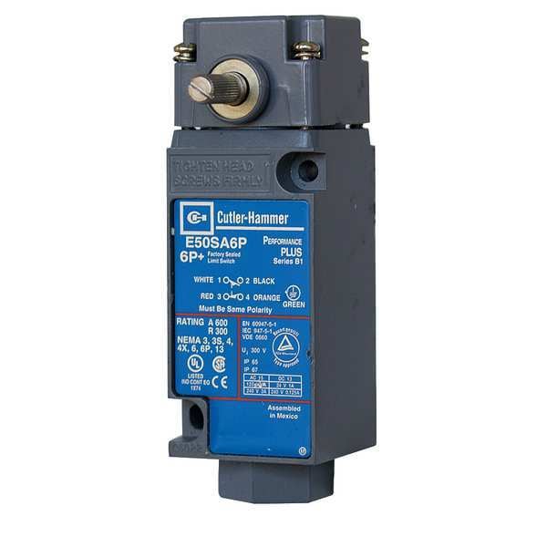 Interruptor de límite de trabajo pesado Eaton, Sin palanca, Rotativo, 1NC/1NO, 10A @ 600V AC, Ubicación del actuador: Lateral - E50AM16P