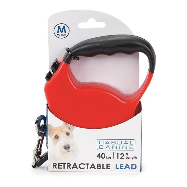 Casual Canine Belt Retractable Lead, 12 ft L, Red, Fastening Method: Snap Hook, M Breed - 11611 12 83