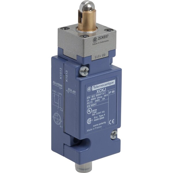 Interruptor de límite Telemecanique Sensors, Conmutador, Rodillo, 1 cambio, 10A @ 240V AC, Ubicación del actuador: Superior - XCKJ1167DSA8