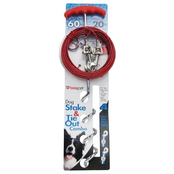 Boss Pet PDQ 0 TieOutSpiral Stake Combo, 20 ft L BeltCable, Steel, For Large dogs up to 60 lb - 1316