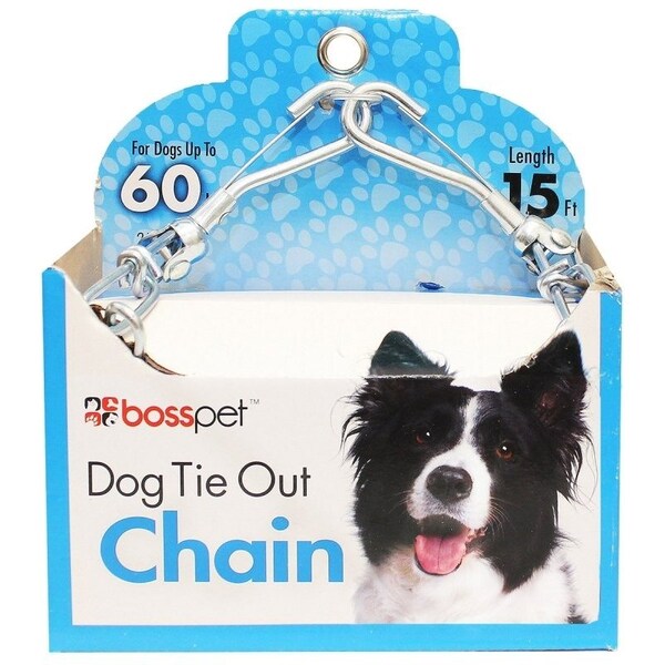 Boss Pet PDQ Pet TieOut Chain, Twist Link, 15 ft L BeltCable, Steel, For Large Dogs up to 60 lb - 43715