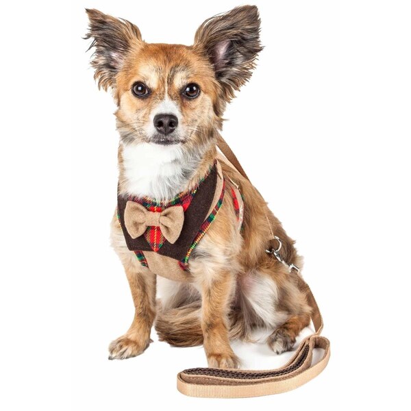 Petpurifiers Luxe Dapperbone 2in 1 Mesh Reversed Adjustable Dog Harness-Leash with Fashion Bowtie, Brown, Large - PE3174998