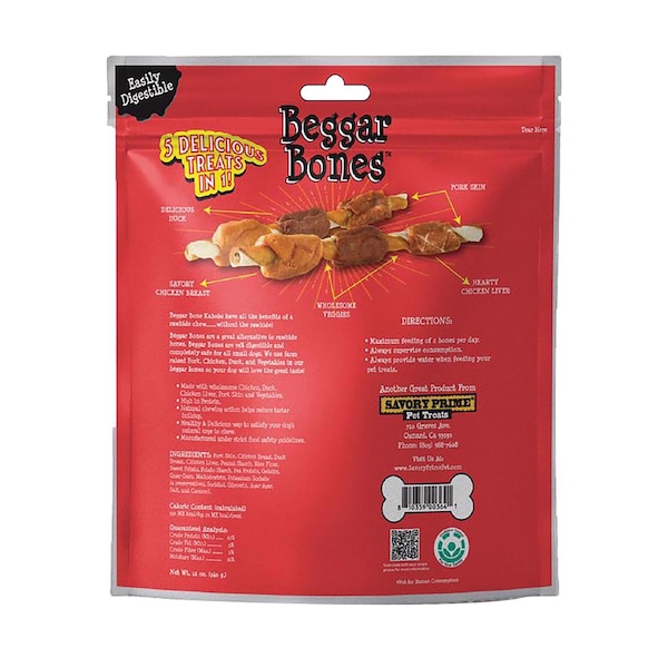 Savory Prime Savory Prime Beggar Bones 5-in-1 Kabobs Grain Free Treats For Dogs 12 oz 8 in. 18 pk - 364