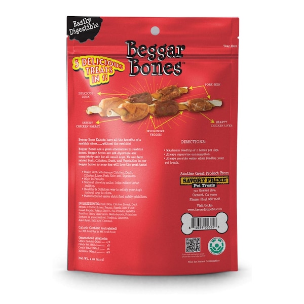 Savory Prime Savory Prime Beggar Bones 5-in-1 Kabobs Grain Free Treats For Dogs 4 oz 7.8 in. 6 pk - 365