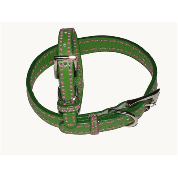 A Pets World Leather Dog Collar GreenHot Pink Saddle Stitch - 301130316