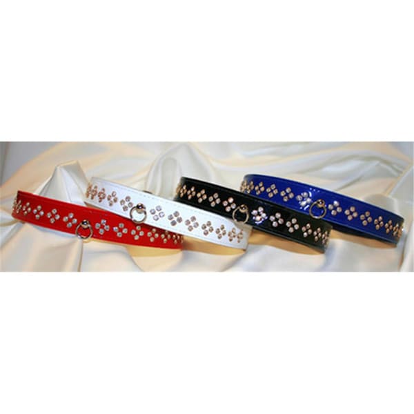 Leather Brothers 12 in. x .5 in. Blue Patent Leather Crystal Dog Collar with Center D-Ring - 6146-BL12