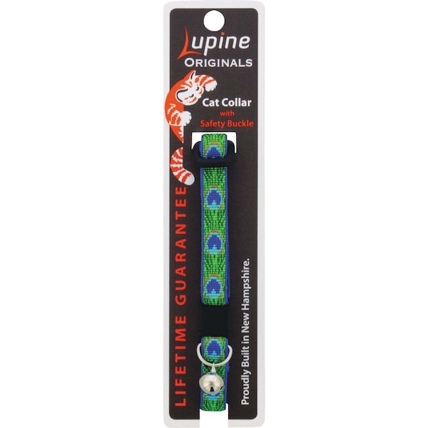Lupine Adjustable Cat Collar With Bell, Breakaway Buckle, Tail Feathers Pattern, 1/2 x 8 - 12-In. - 32627