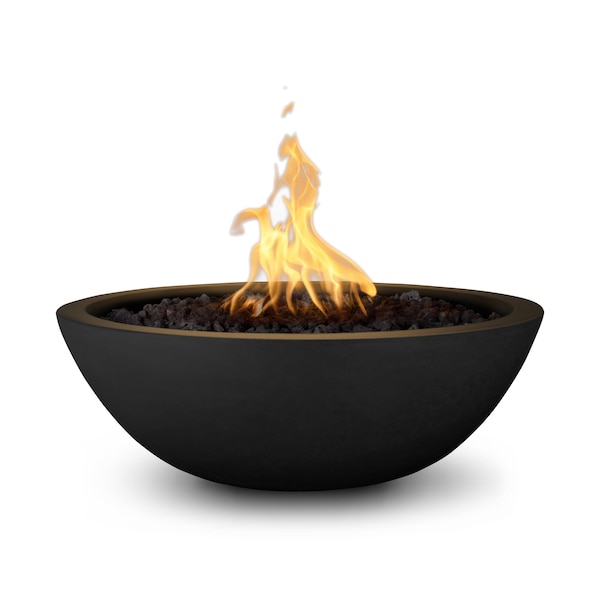 The Outdoor Plus 33 Round Sedona Fire Bowl, GFRC Concrete, Black, Low Voltage Electronic Ignition, Liquid Propane - OPT-33RFOE12V-BLK-LP
