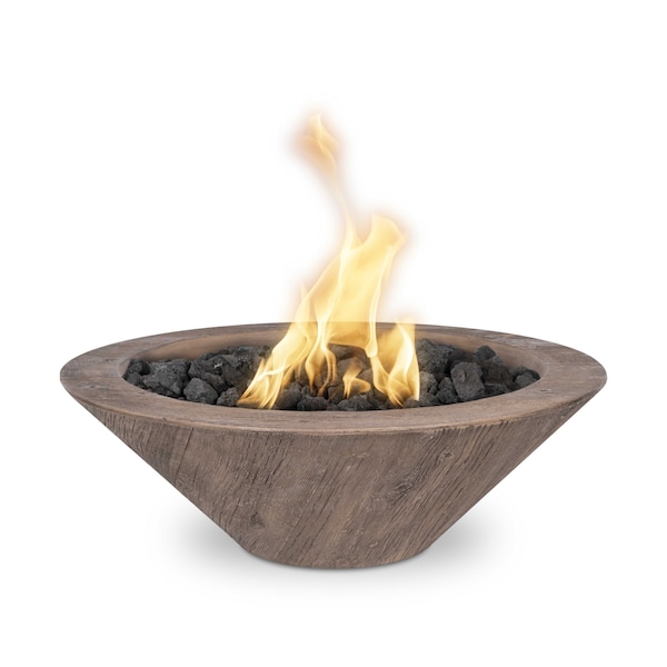 The Outdoor Plus 24 Round Cazo Fire Bowl, Wood Grain GFRC Concrete, Oak, Low Voltage Electronic Ignition, Liquid Propane - OPT-24RWGFOE12V-OAK-LP