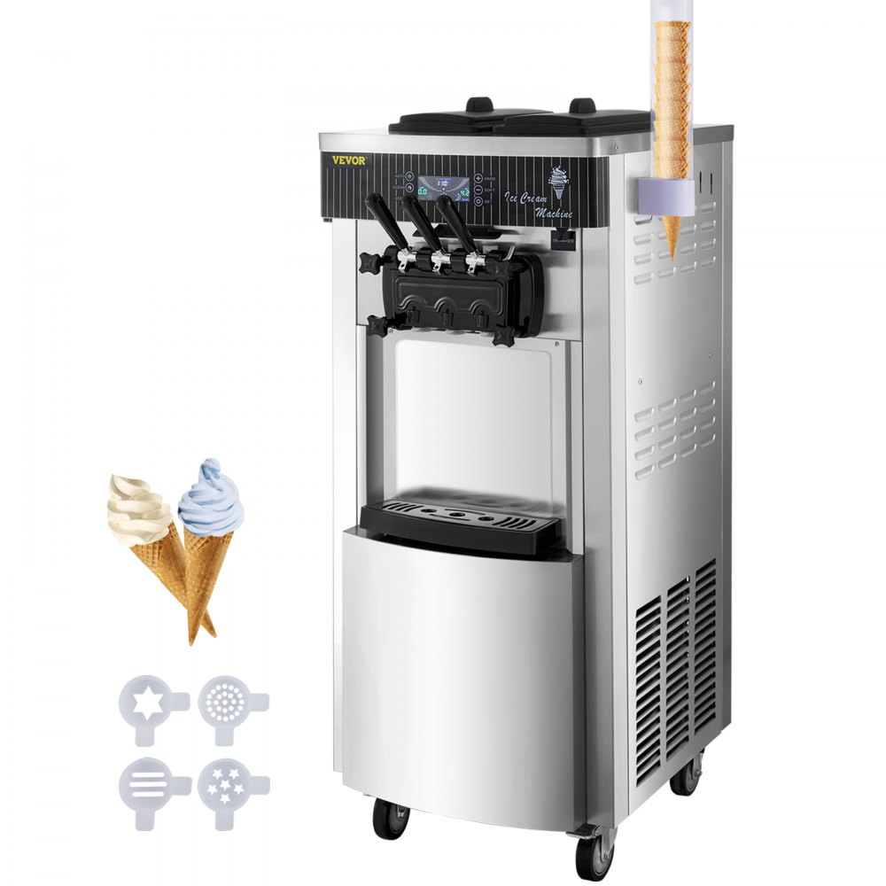 VEVOR Commercial Soft Ice Cream Machine, 2200W Serve Yogurt Maker, 3 Flavors Ice Cream Maker, 5.3 to 7.4 Gallons per Hour Auto Clean LCD Panel for Restaurants Snack Bars, Stainless Steel - BJLJYKF-8228HPDT1V1