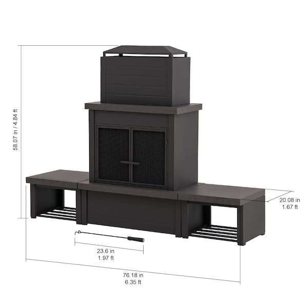 Sunjoy Wood Burning Fireplace, Matte Black, Steel, with Chimney, Log Holders, and Cover - A304004830
