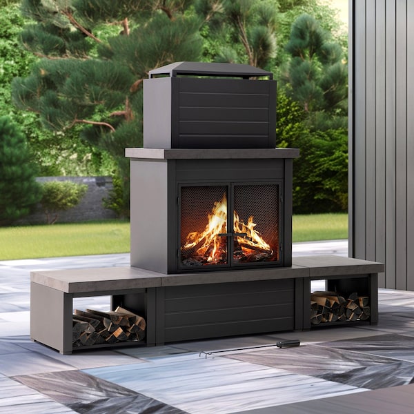 Sunjoy Wood Burning Fireplace, Matte Black, Steel, with Chimney, Log Holders, and Cover - A304004830