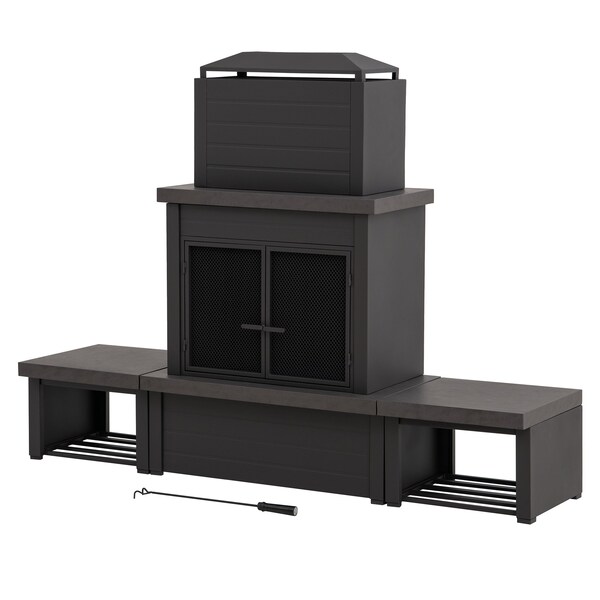 Sunjoy Wood Burning Fireplace, Matte Black, Steel, with Chimney, Log Holders, and Cover - A304004830