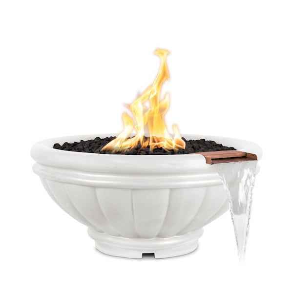 The Outdoor Plus 24 Round Roma Fire & Water Bowl - GFRC Concrete - White - Match Lit - Natural Gas - OPT-ROMFW24-LIM-NG