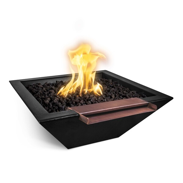 The Outdoor Plus 24 Square Maya Fire & Water Bowl - GFRC Concrete - Black - Match Lit with Flame Sense - Natural Gas - OPT-24SFWWSFSML-BLK-NG