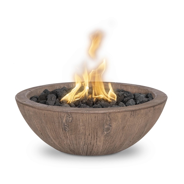 The Outdoor Plus 27 Round Sedona Fire Bowl - Wood Grain GFRC Concrete - Oak - Match Lit - Liquid Propane - OPT-27RWGFO-OAK-LP
